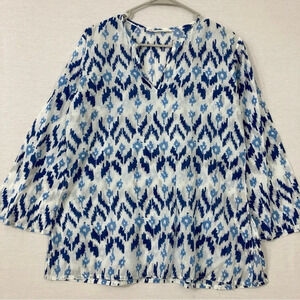 Virginia Witbeck Blue White Cotton Lightweight V Neck Blouse size Medium